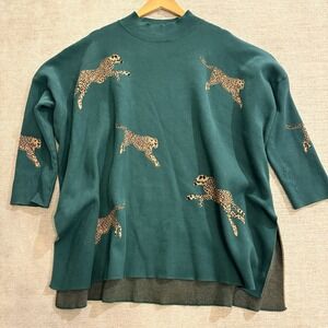 Anthropologie ENTRO Green Cheetah Animal Sweater Oversized Boxy SZ 1x Cozy Knit